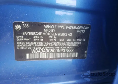 2013 BMW 335 I z USA, uszkodzony, nr VIN WBA3A9G50DNP37883